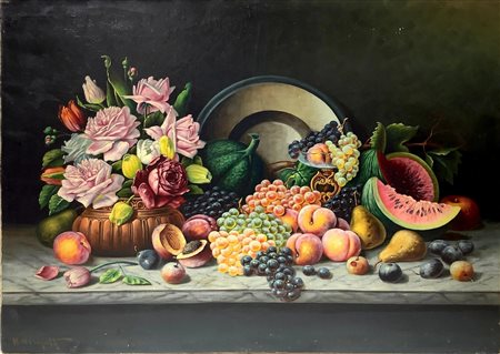 Dipinto ad olio su tela raffigurante natura morta di fiori e frutta, fine XIX secolo. Firmato in basso a sinistra H. Nernjupt. H cm 73x100. Privo di cornice