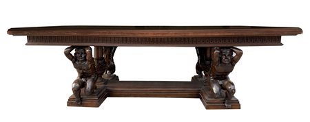 Eccezionale tavolo neorinascimentale in massello di noce, XIX secolo, con...