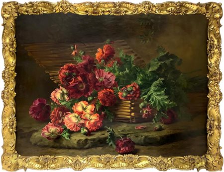 Dipinto ad olio su tela raffigurante natura morta di fiori. Cm 85x119. Edward...