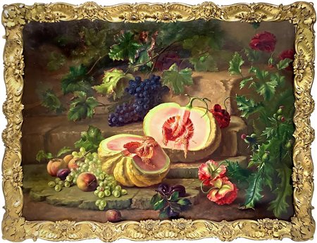 Dipinto ad olio su tela raffigurante natura morta di frutta. Cm 85x119....
