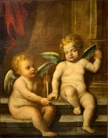 Dipinto ad olio su tela raffigurante Angelo Raffaele con calice, portatore di...