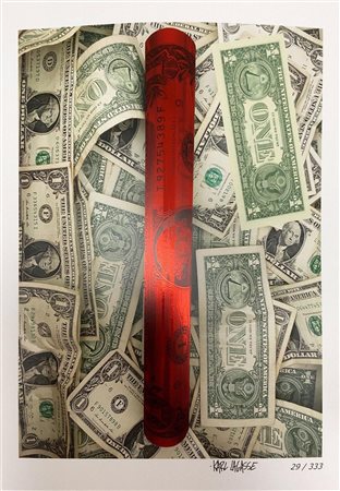 Karl Lagasse, stampa a tecnica mista con banconota di dollaro americano...