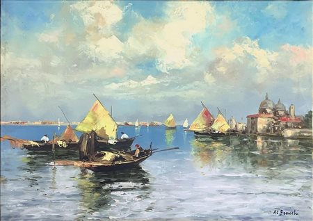 Dipinto ad olio su tela raffigurante â€œmarina venezianaâ€_x009d_. Firmato in...