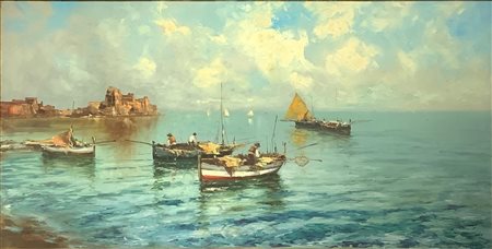 Dipinto ad olio su tela raffigurante Castel Dellâ€™Ovo. Firmato in basso a...