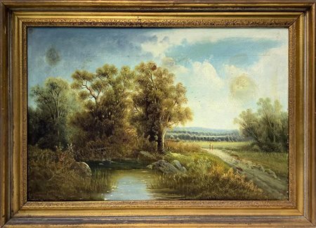 Dipinto ad olio su tela raffigurante paesaggio fluviale con personaggi. Cm...