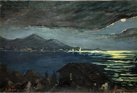 Olio su tela raffigurante paesaggio notturno con case, mare e montagne....