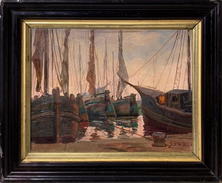 Silvio di Volo, Olio su cartoncino telato raffigurante porto con barche a...