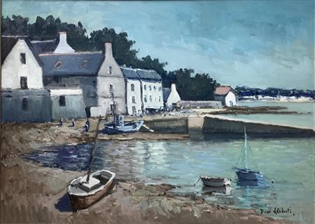 Dipinto ad olio su tela raffigurante paesaggio costiero con imbarcazioni e...