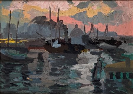 Olio su tela raffigurante paesaggio veneziano al tramonto. Cm 25x35, in...