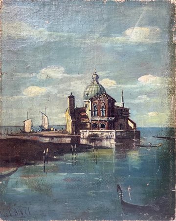 Dipinto ad olio su tavola raffigurante capriccio lagunare con chiesa su...