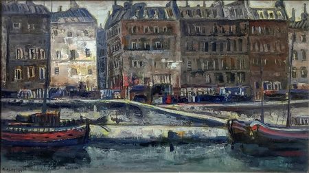 Antonio Alberti dipinto ad olio su tela raffigurante barche sulla senna a...