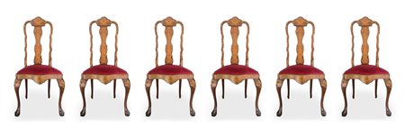 Gruppo di 6 sedie e 2 capotavola, XIX secolo, Olanda. Con intarsi floreali in...