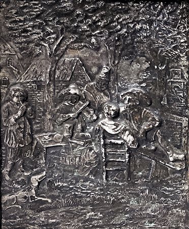 Placca in argento raffigurante scena conviviale, XIX secolo. Cm 14x11. In...