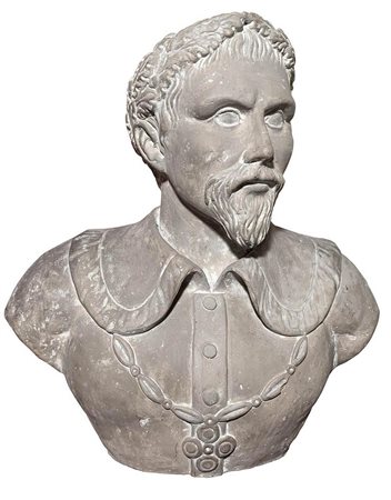 Scultura in terracotta raffigurante busto di nobiluomo, XVII secolo. H cm 54x25.