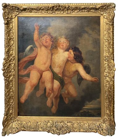 Dipinto ad olio su tela raffigurante Angioletti in volo, pittore del XIX...