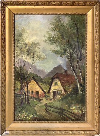 Dipinto ad olio su tela con paesaggi e case, fine XIX secolo. Firmato in...