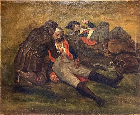 Dipinto ad olio su tela raffigurante soccorso a soldati feriti, XIX secolo....