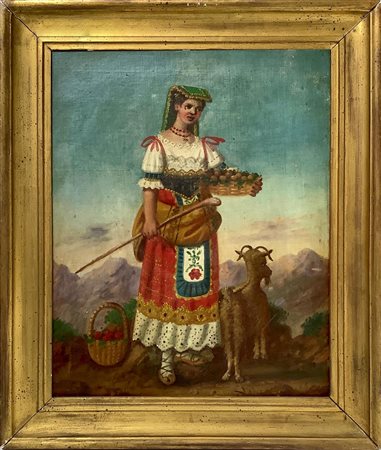 Dipinto ad olio su tela raffigurante figura femminile in costume popolare....