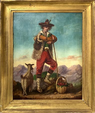 Dipinto ad olio su tela raffigurante pastore con pecora. XIX secolo. Cm...
