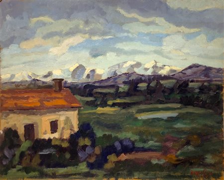 Olio su cartone â€œDopo la pioggiaâ€_x009d_. Firmato in basso a destra...