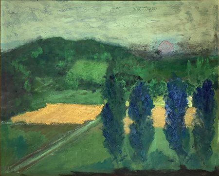 Dipinto ad olio su tavola raffigurante paesaggio con alberi. Firmato in basso...