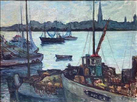 Dipinto ad olio su tela raffigurante barche a Treboul (Bretagne). Firmato in...