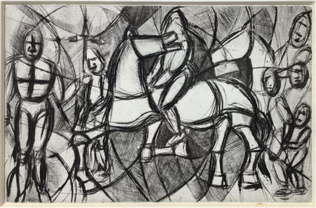 Incisione ad acquaforte raffigurante cavalieri crociati a cavallo. Mm...