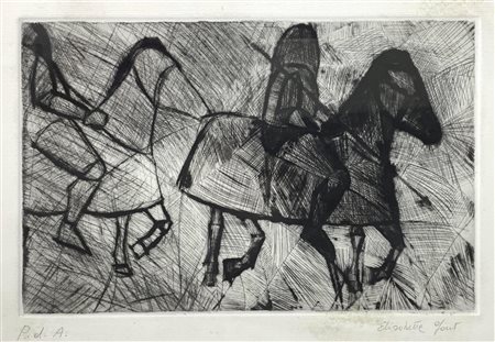 Incisione ad acquaforte raffigurante cavalieri crociati a cavallo, Prova...