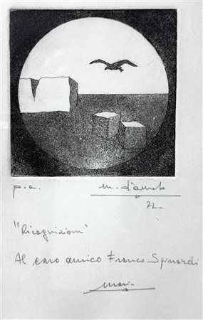 Incisione ad acquaforte raffigurata sfera inserita in un quadrato con scogli...