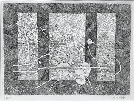 Incisione ad acquaforte raffigurante scorci di cittÃ allâ€™interno di figure...