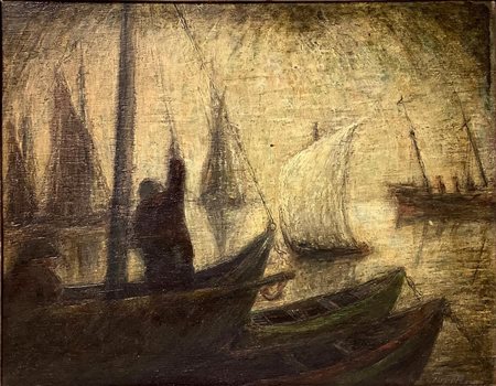 Dipinto ad olio su tavola raffigurante uomini in barca, firmato in basso a...