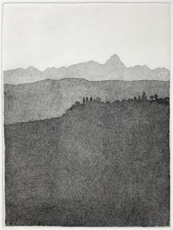 Incisione in bianco e nero raffigurante paesaggio collinare e montano,...