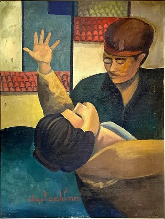 Dipinto ad olio su tela raffigurante tangheri, Angelo Nona. Cm 109x79. In...