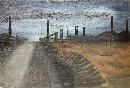 Dipinto ad olio su tela applicata su tavola raffigurante paesaggio...