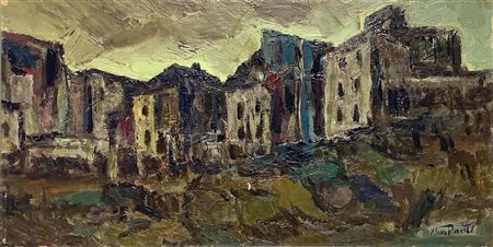 Olio su tavola raffigurante paesaggio con case, Nino Raciti. Cm...