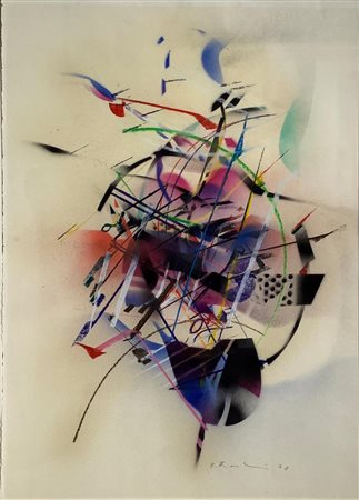 Tecnica mista su cartone raffigurante composizione astratta, firmato in basso...