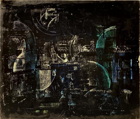 Dipinto ad olio su tela raffigurante paesaggio notturno, XIX/XX secolo. Cm 50x60