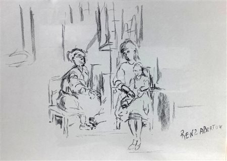Disegno a carboncino su carta raffigurante scena di famiglia. Firmato in...