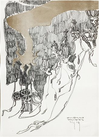 Disegno tecnica mista matita carboncino su carta seppiata raffigurante i tre...