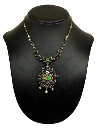 Collana e spilla in argento e oro 8K e 16K, spilla pendentif con smeraldi...