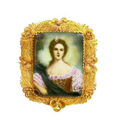 Spilla con miniatura su porcellana in castone di filigrana (Trapani), in oro...