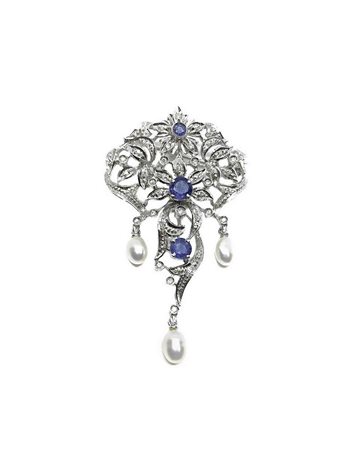 Spilla ciondolo in oro 18k, perle e zaffiri, gr 13.5