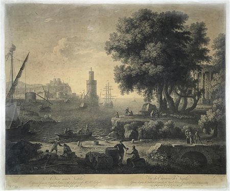 Incisione ad acquaforte raffigurante Veduta di Napoli da Claude Lorain,...