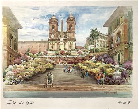 Stampa raffigurante Trinit&agrave; dei Monti. Firmato in basso a destra F....