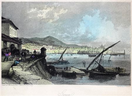 Incisione ad acquaforte colorata a mano raffigurante Genova. Firmato in basso...
