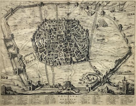 Incisione ad acquaforte raffigurante Felsina sive Bononia antiqua, Joam Blaeu...