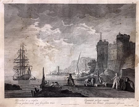 Incisione ad acquaforte raffigurante veduta di Castell delâ€™Ovo con veliero...