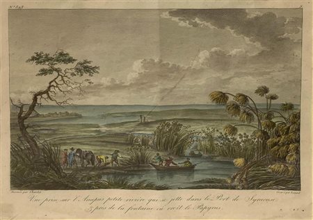 Incisione ad acquaforte acquarellata raffigurante Lâ€™Anapo che si getta nel...