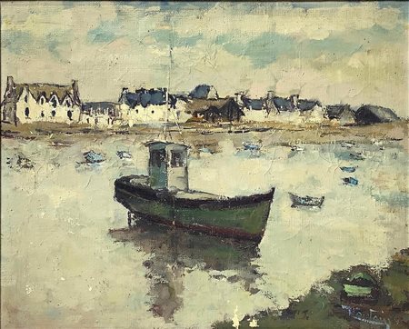 Dipinto ad olio su tela raffigurante paesaggio con barca â€œle...