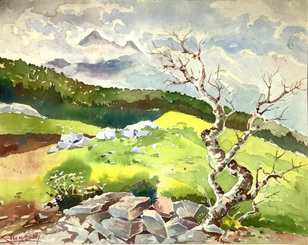 Dipinto ad acquerello su carta, raffigurante paesaggio di montagna con alberi...